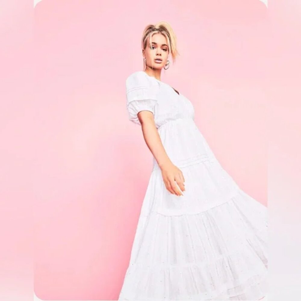 Betsey Johnson White Spectator Tiered Midi Dress Prairie Cottagecore Confetti